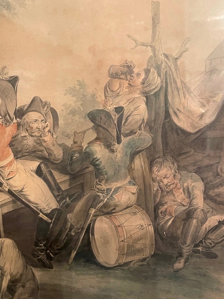 Aquarelle Signée Et Datée P.B. Vers 1800  Les Officiers Célèbrent Sur Le Terrain -photo-3