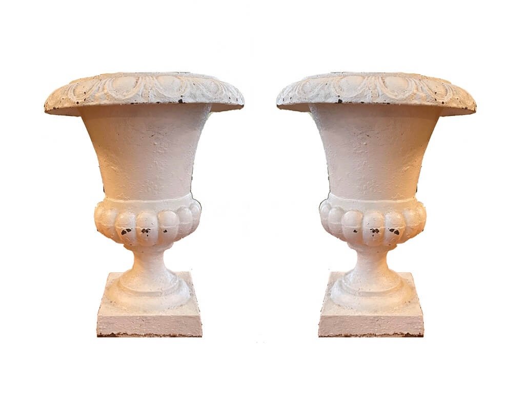 Pair Of Medici Crater Vases Biedermeier Cast Iron Painted White Circa 1880