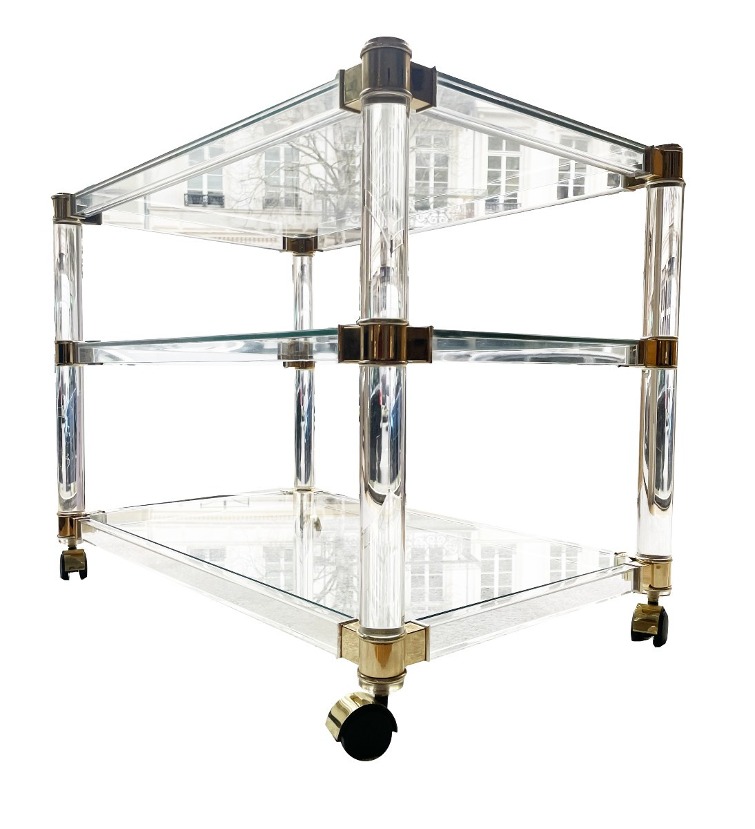 Mid Century Three Tier Acrylic Bar Cart With Brass Accents, Shelves