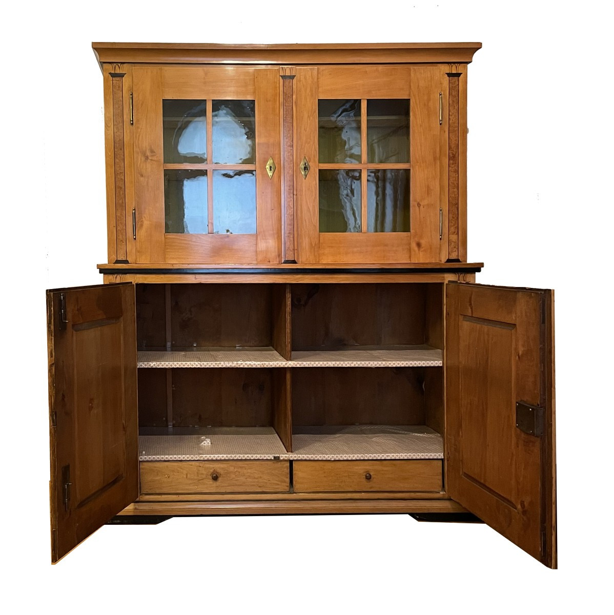 Rare Original Biedermeier Sideboard Cherry Wood, Birch And Ebonized Veneer On Wooden Body-photo-3