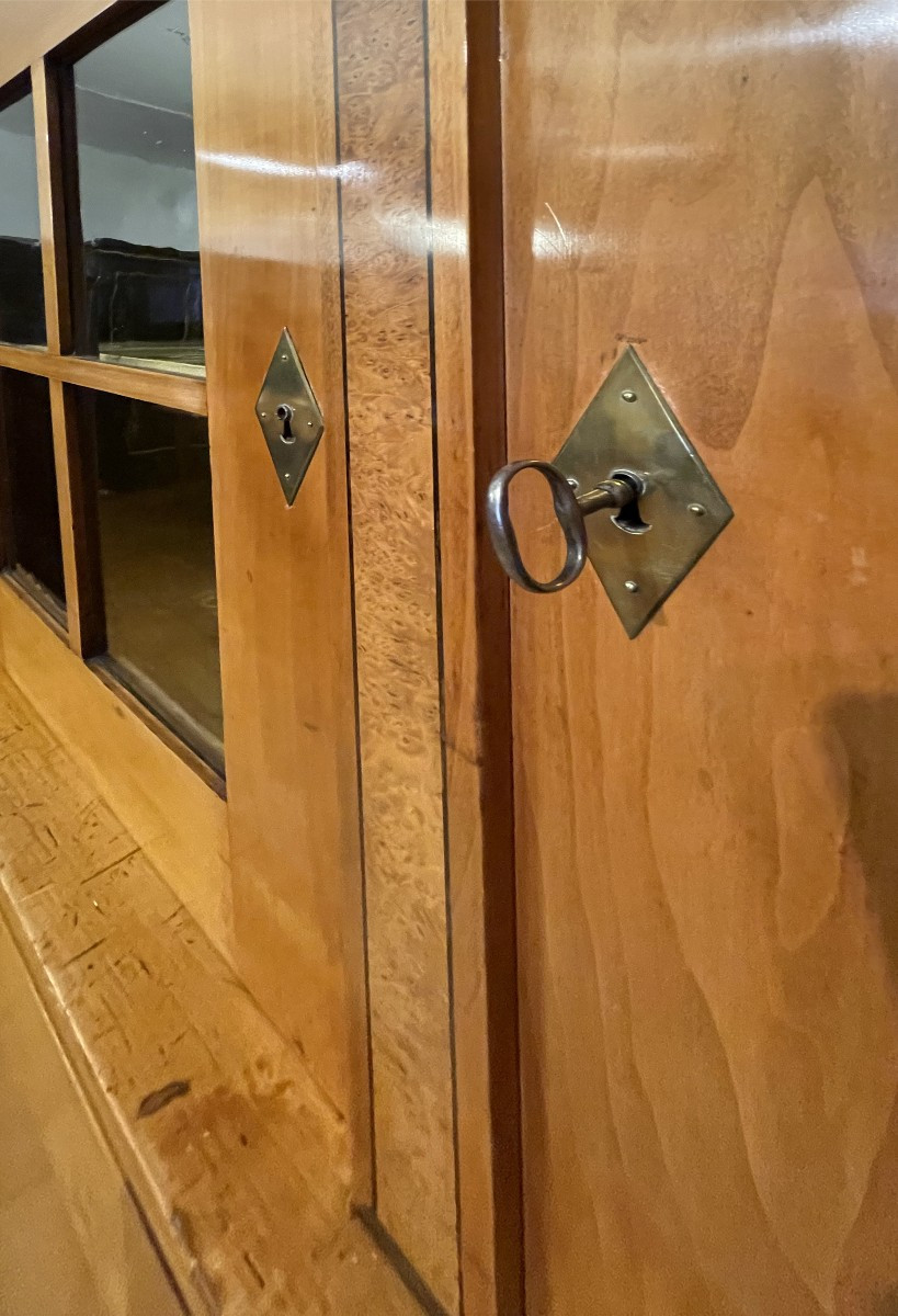 Rare Original Biedermeier Sideboard Cherry Wood, Birch And Ebonized Veneer On Wooden Body-photo-4