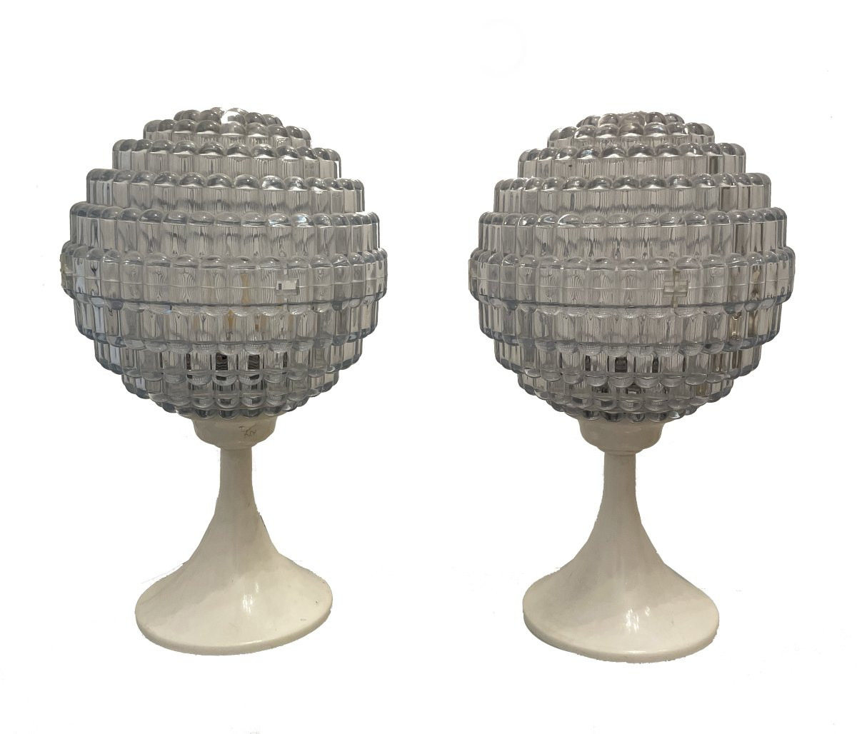 Deux lampes de table vintage 1970 en plastique bleu clair avec base ronde-photo-2