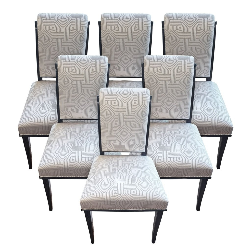Set Of 6 Identical Art Deco Style Chairs In High Quality Black Lacquered Mahogany Reupholstered-photo-4