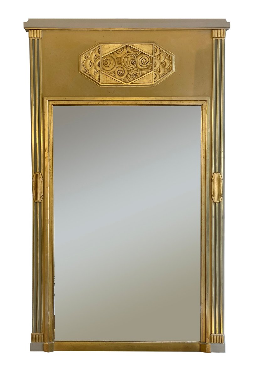 Large Art Deco Gilded Mirror Carved Wood. Fluted Pilasters On The Sides, Gilded And Polished. -photo-1