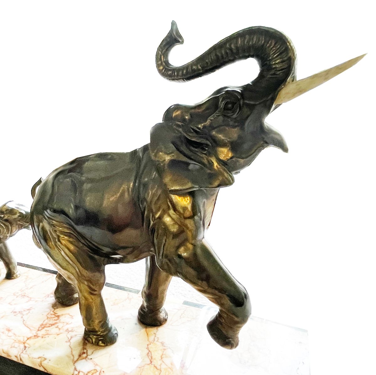 Groupe d'éléphants Art Déco, bronze sur marbre-photo-1