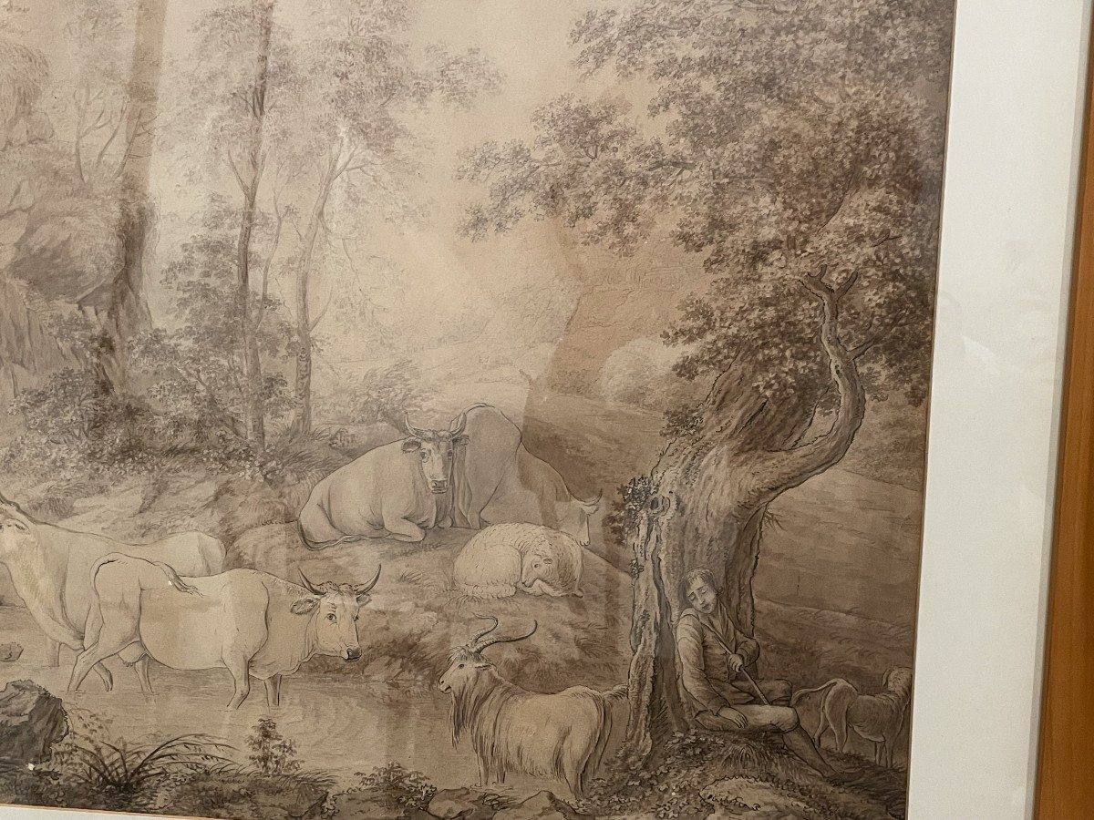 Hand Signed Drawing Of A Bucolic Shepherd Scene Shepherd Boy With Dog With Ox And-photo-4
