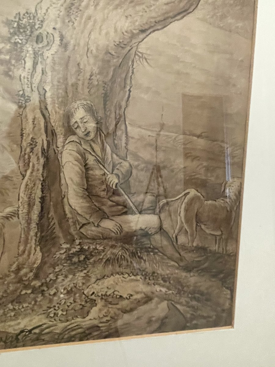 Hand Signed Drawing Of A Bucolic Shepherd Scene Shepherd Boy With Dog With Ox And-photo-1