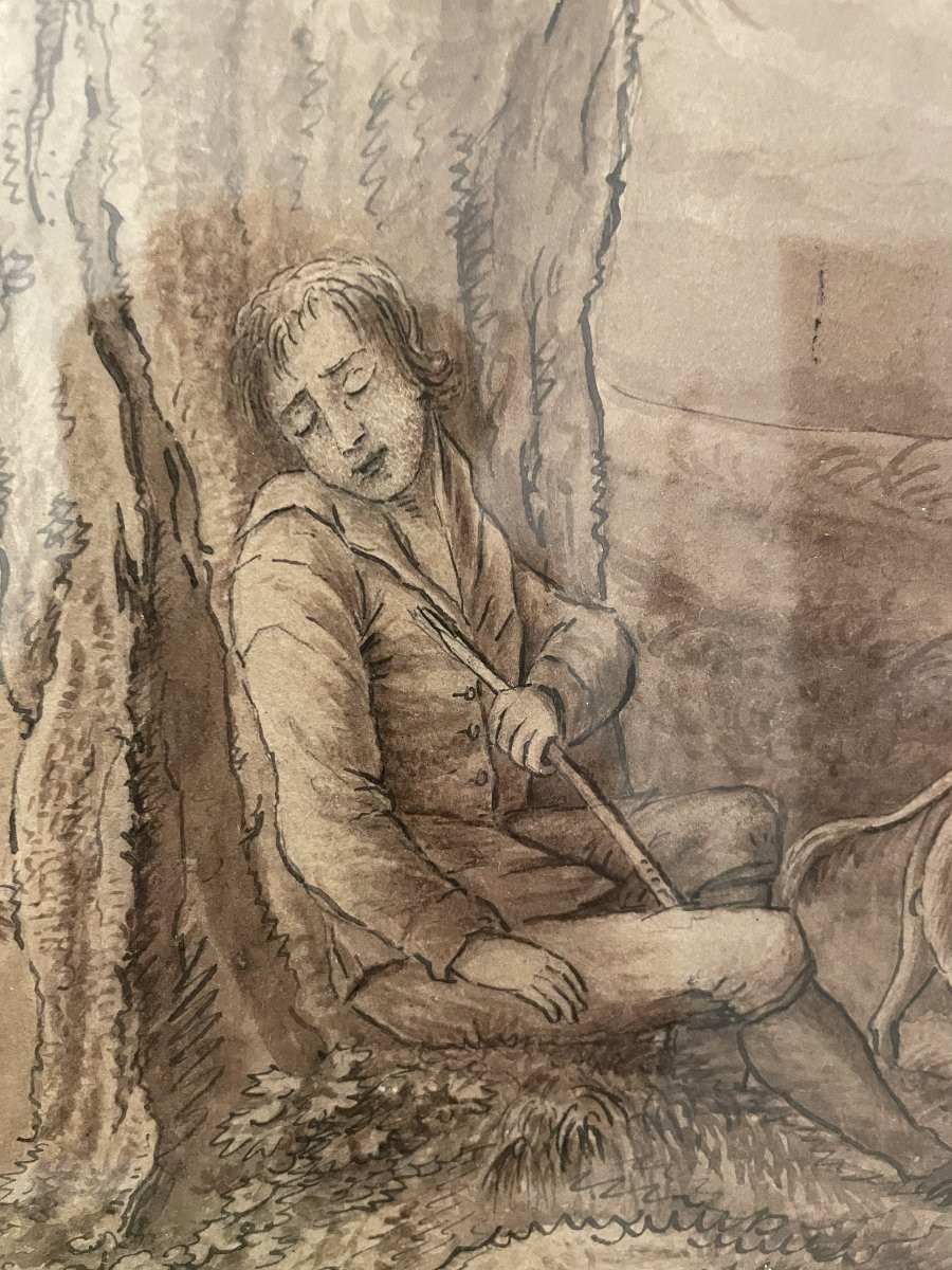 Hand Signed Drawing Of A Bucolic Shepherd Scene Shepherd Boy With Dog With Ox And-photo-2