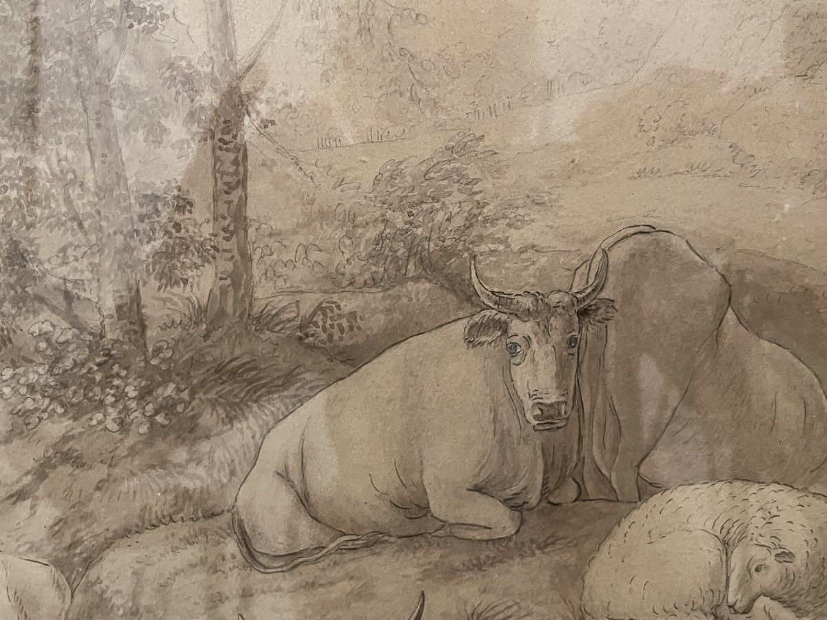 Hand Signed Drawing Of A Bucolic Shepherd Scene Shepherd Boy With Dog With Ox And-photo-5
