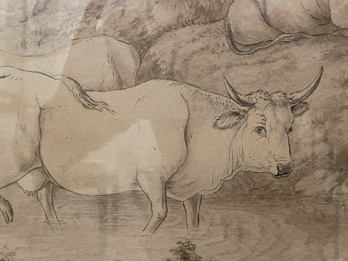 Hand Signed Drawing Of A Bucolic Shepherd Scene Shepherd Boy With Dog With Ox And-photo-6