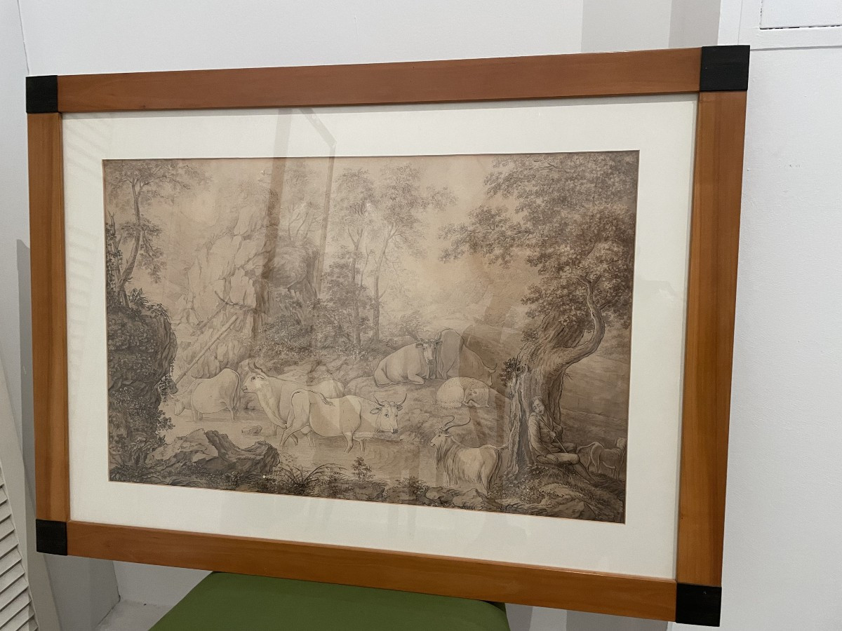 Hand Signed Drawing Of A Bucolic Shepherd Scene Shepherd Boy With Dog With Ox And-photo-8