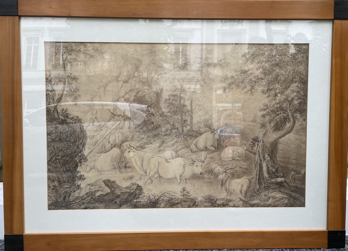 Hand Signed Drawing Of A Bucolic Shepherd Scene Shepherd Boy With Dog With Ox And