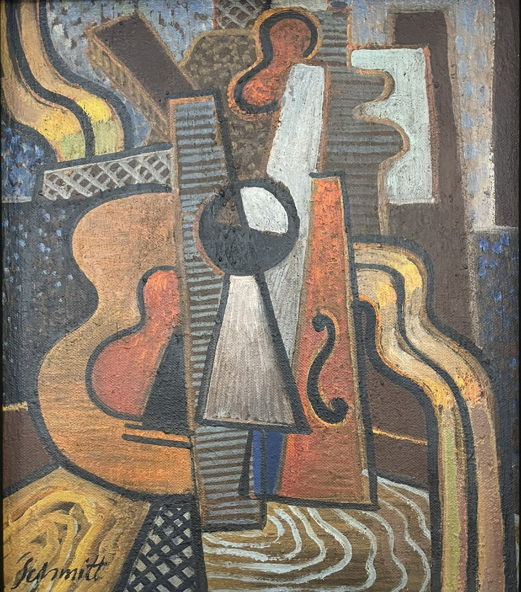 Nature morte cubiste au violon. Artiste : Gilberte Schmitt, née en 1907 - décédée en 2001.Huile-photo-2