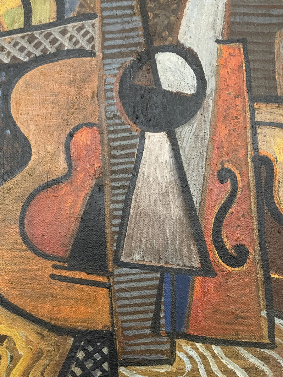 Nature morte cubiste au violon. Artiste : Gilberte Schmitt, née en 1907 - décédée en 2001.Huile-photo-1