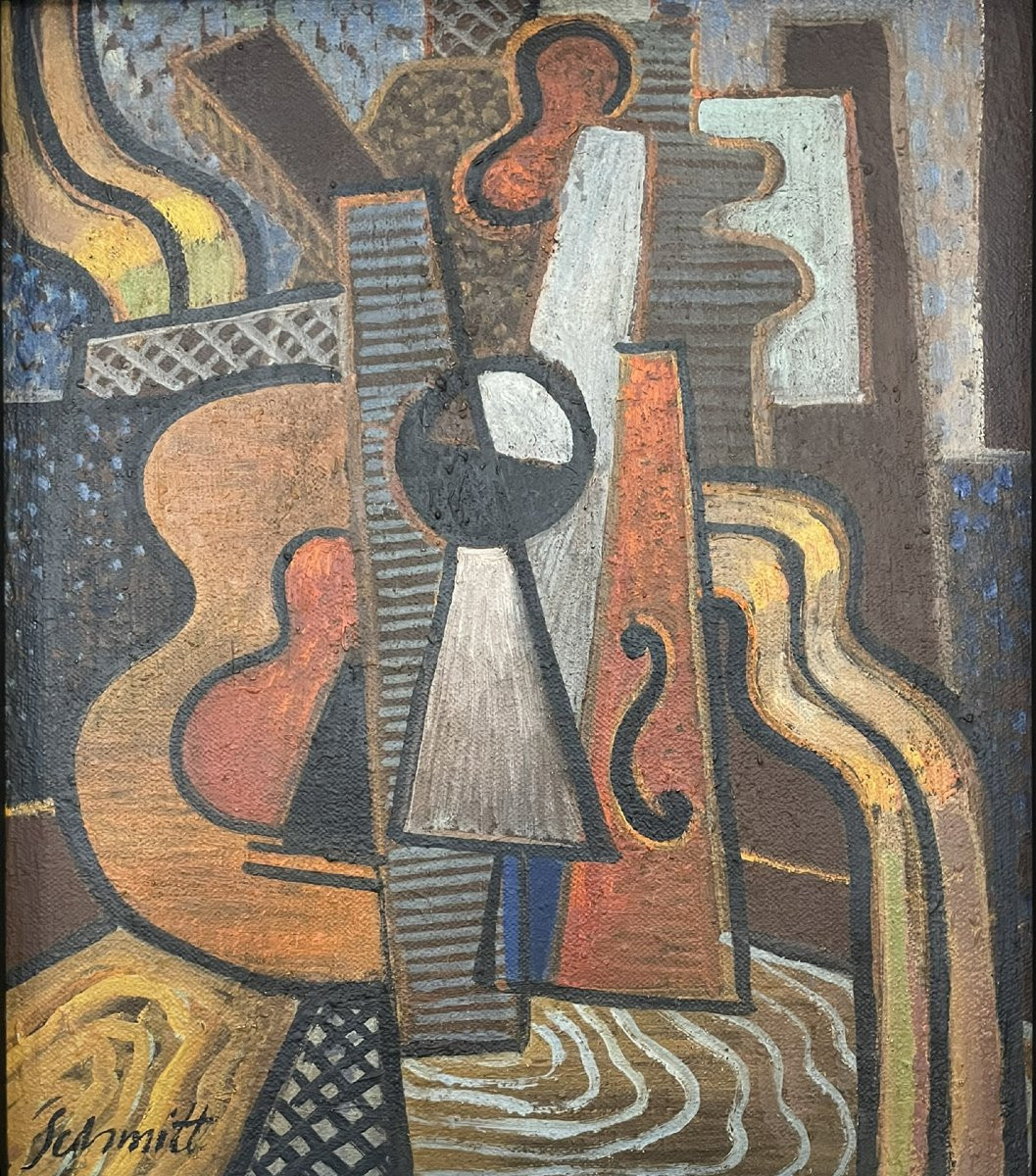 Nature morte cubiste au violon. Artiste : Gilberte Schmitt, née en 1907 - décédée en 2001.Huile-photo-5