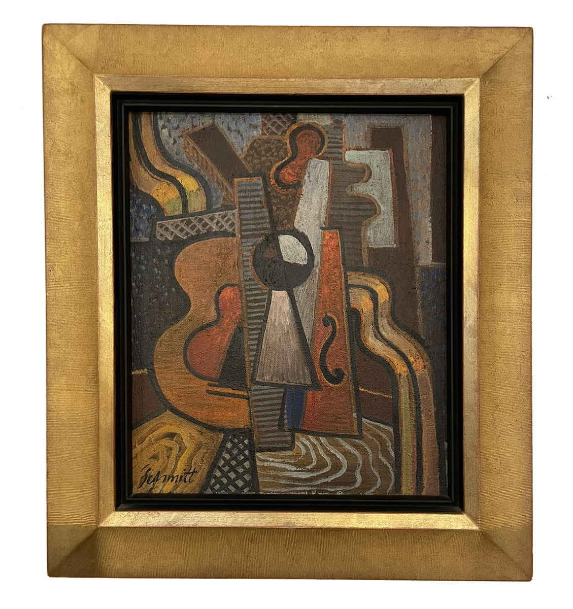 Nature morte cubiste au violon. Artiste : Gilberte Schmitt, née en 1907 - décédée en 2001.Huile