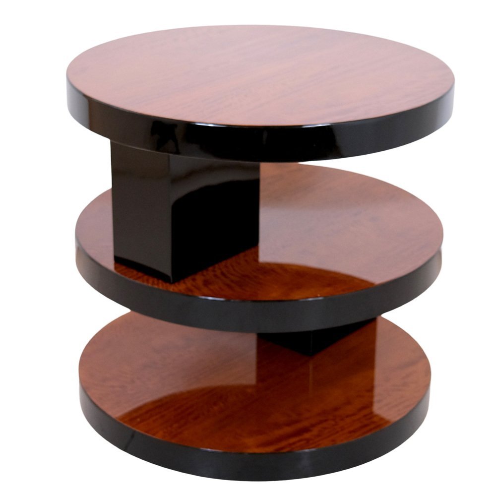 Round Art Deco Side Table, Cubist Style. France, Circa 1925. Satin Wood And Black Lacquer.-photo-2
