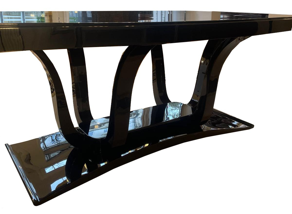 Art Deco Dining Table In Black Lacquer, France, Circa 1930, Tulip-shaped Base With 6 -photo-3