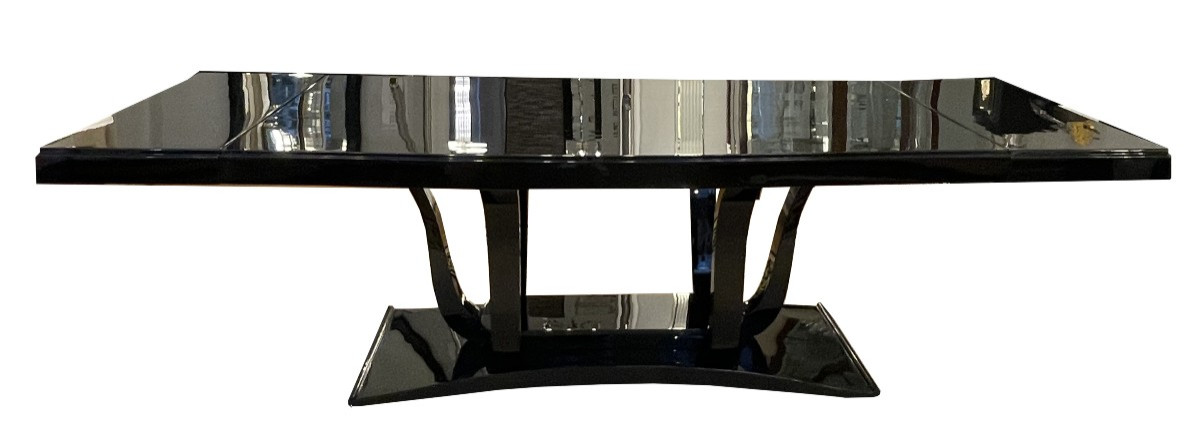 Art Deco Dining Table In Black Lacquer, France, Circa 1930, Tulip-shaped Base With 6 -photo-2