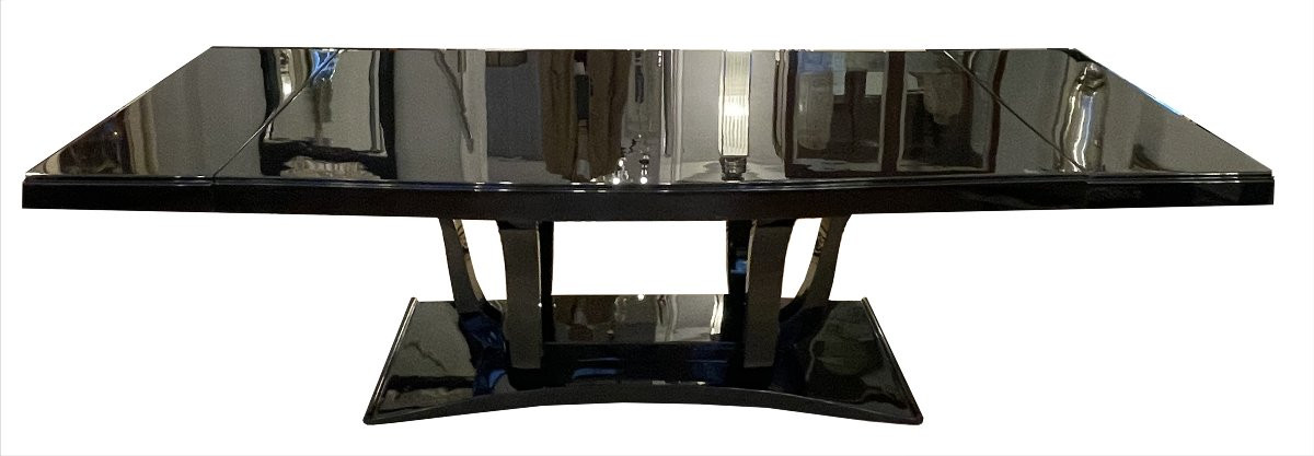 Art Deco Dining Table In Black Lacquer, France, Circa 1930, Tulip-shaped Base With 6 -photo-1