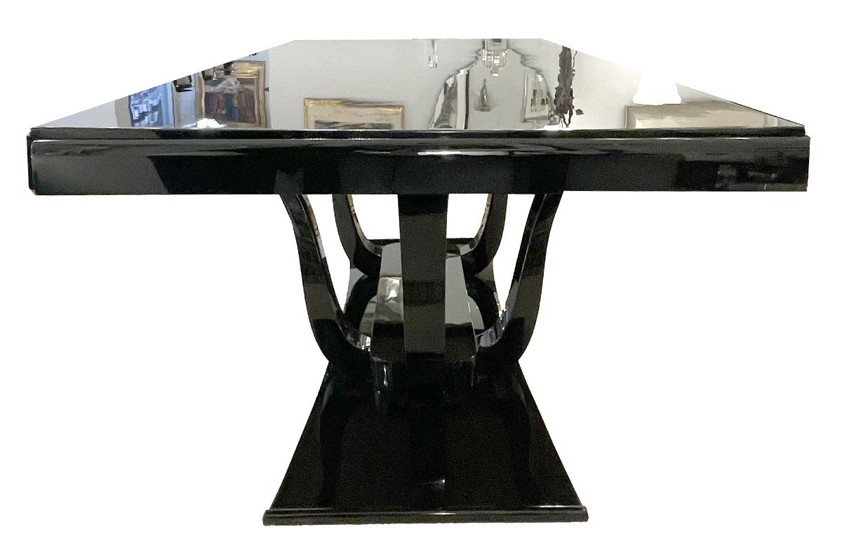 Art Deco Dining Table In Black Lacquer, France, Circa 1930, Tulip-shaped Base With 6 -photo-2
