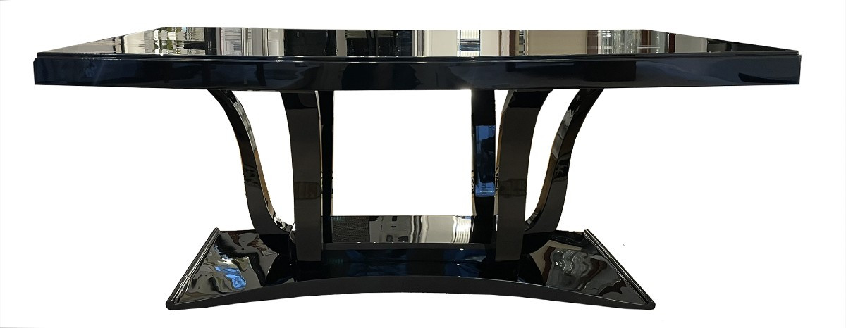 Art Deco Dining Table In Black Lacquer, France, Circa 1930, Tulip-shaped Base With 6 