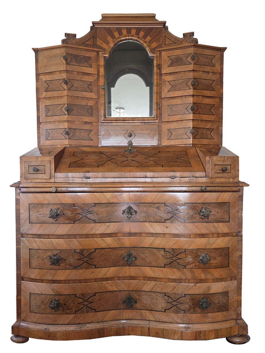 Drop-front Secretary Desk, Southern Germany, Circa 1760, Walnut Veneer, Central Locking Mechanism