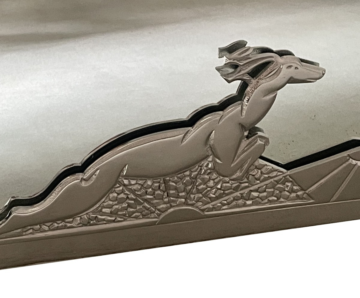 Masterpiece Art Deco Mirror Adorned With A Springbok, France, Circa 1930. Nickel-plated Bronze.-photo-2