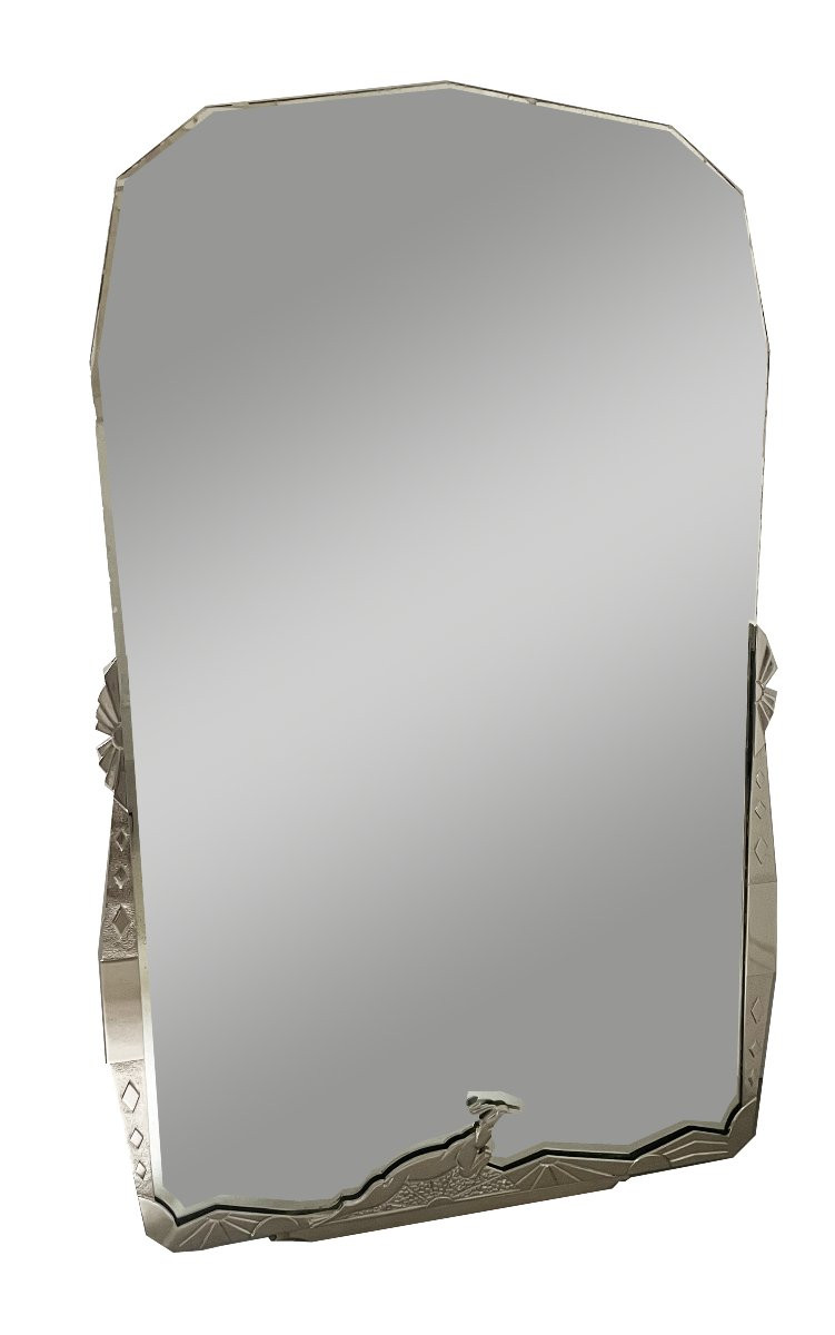 Masterpiece Art Deco Mirror Adorned With A Springbok, France, Circa 1930. Nickel-plated Bronze.-photo-2