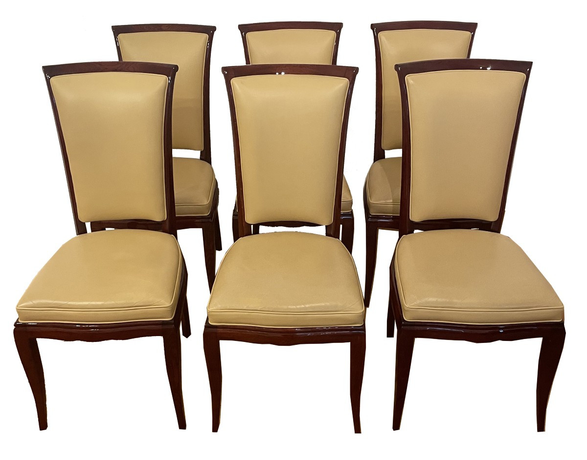 Set Of 8 Identical Art Deco Chairs, 1930, Rio Rosewood, 2 Black Leather, 6 Beige