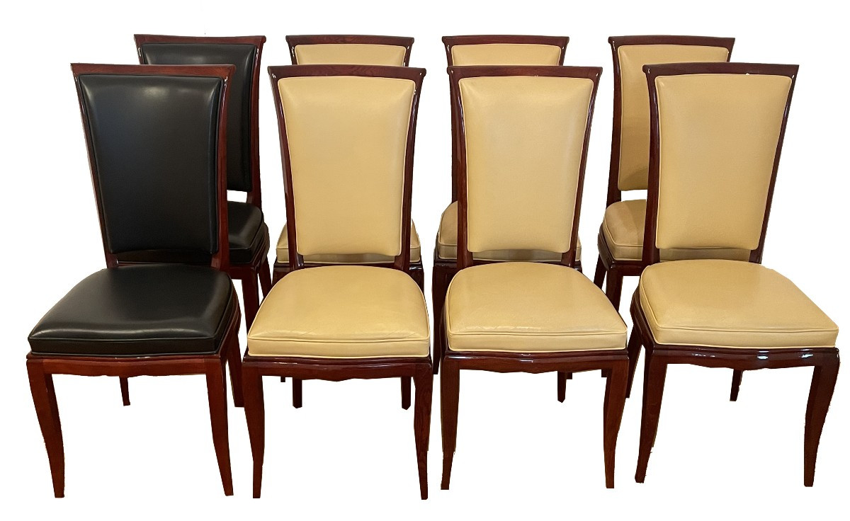 Série de 8 chaises Art déco identiques, 1930, palissandre de Rio, 2 en cuir noir, 6 beige