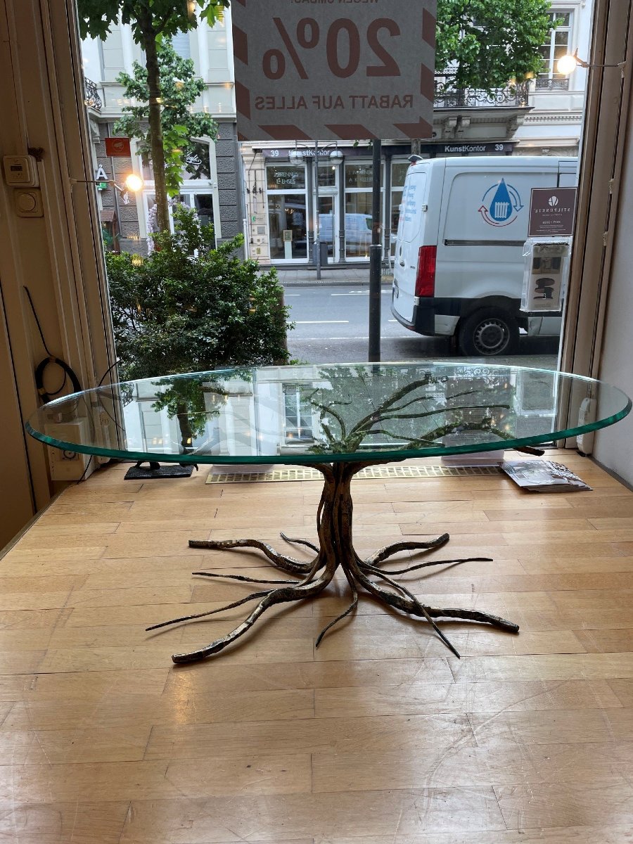 Table basse signée « Marsura »  Italie vers 1970  Base en bronze en forme de racine-photo-8