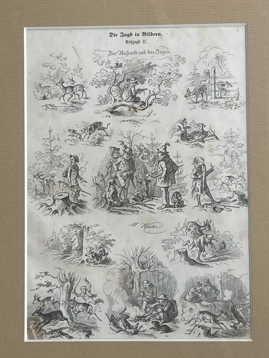 Deer Hunt Ii, Signed Woodcut By Max Haider, Germany, Circa 1860.-photo-1
