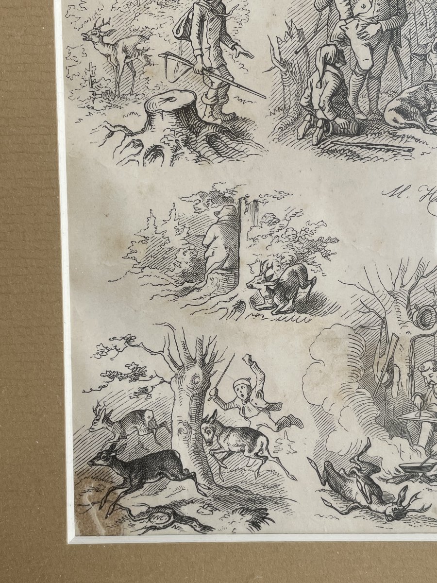 Deer Hunt Ii, Signed Woodcut By Max Haider, Germany, Circa 1860.-photo-2