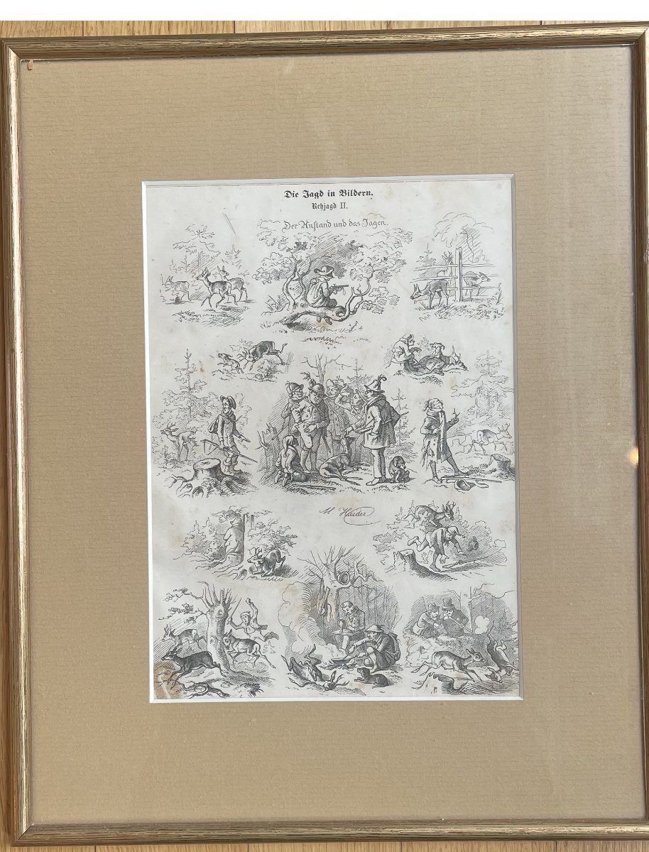 Deer Hunt Ii, Signed Woodcut By Max Haider, Germany, Circa 1860.