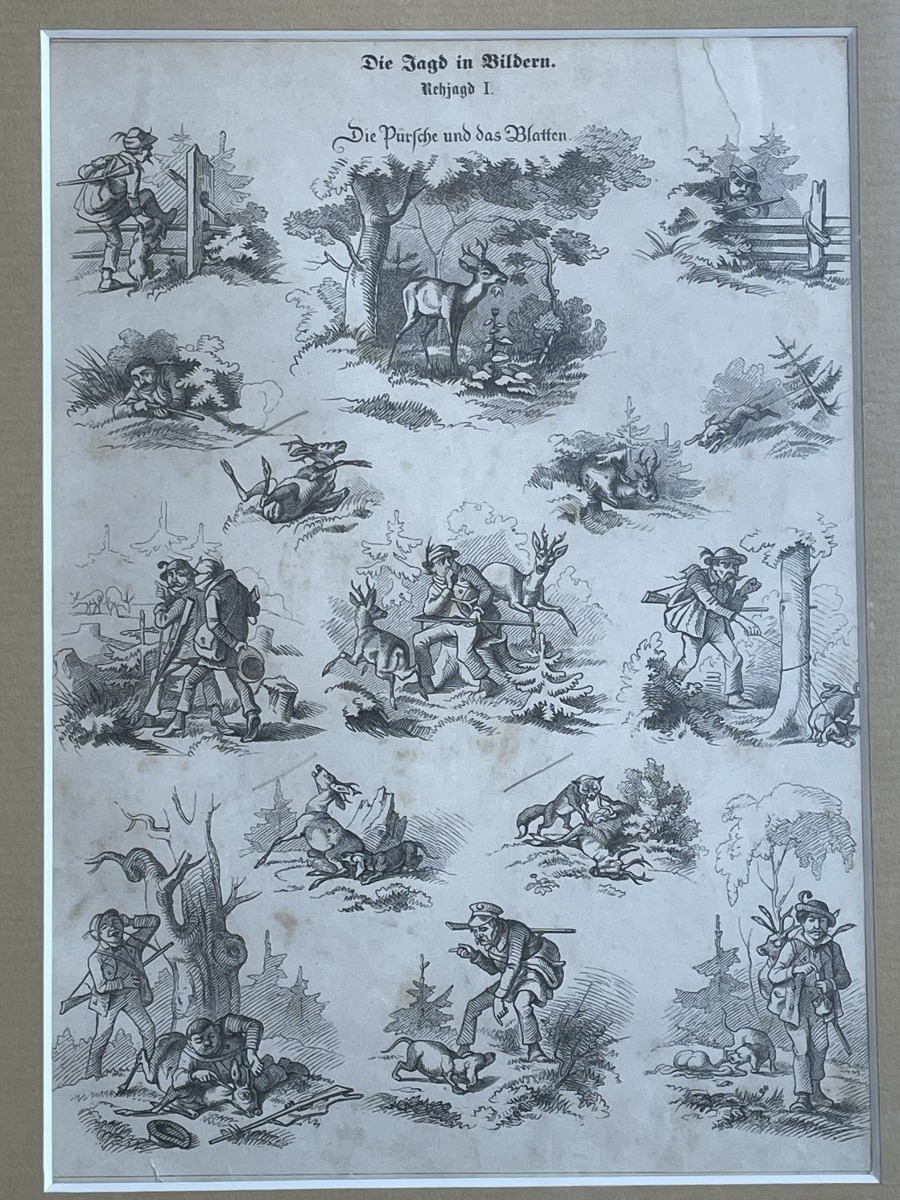 Chasse au chevreuil I, gravure sur bois signée de Max Haider, Allemagne, vers 1860.-photo-1