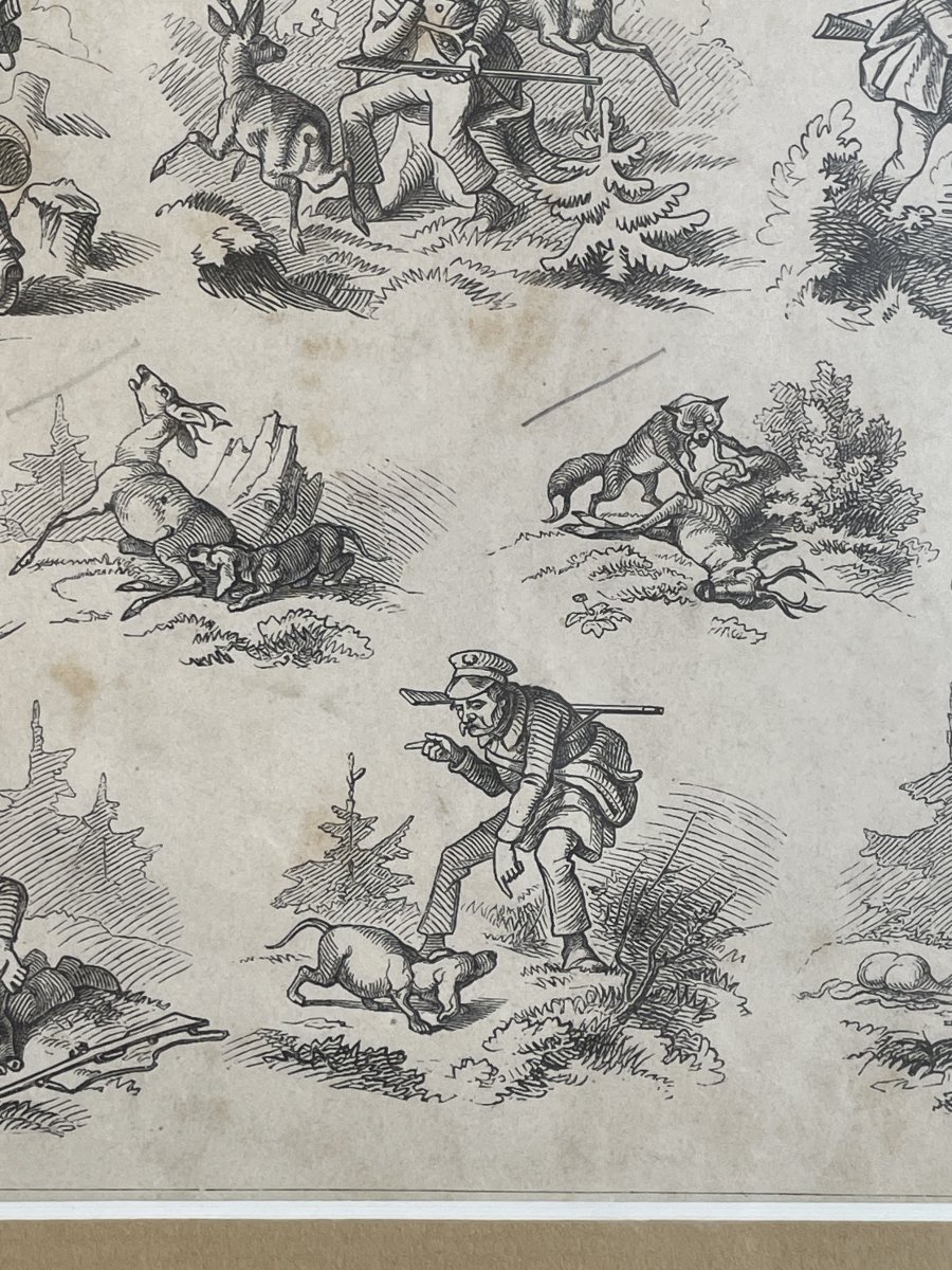 Chasse au chevreuil I, gravure sur bois signée de Max Haider, Allemagne, vers 1860.-photo-2