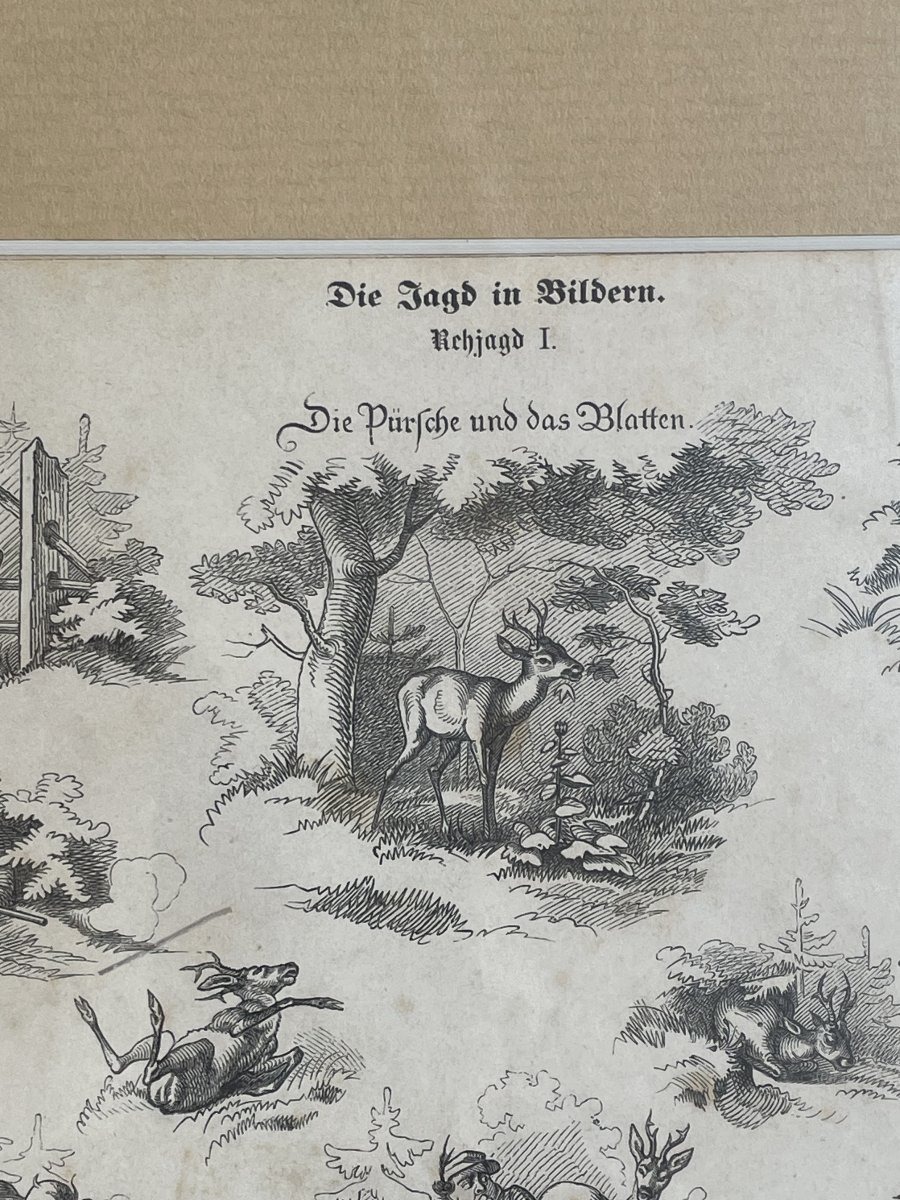 Chasse au chevreuil I, gravure sur bois signée de Max Haider, Allemagne, vers 1860.-photo-3