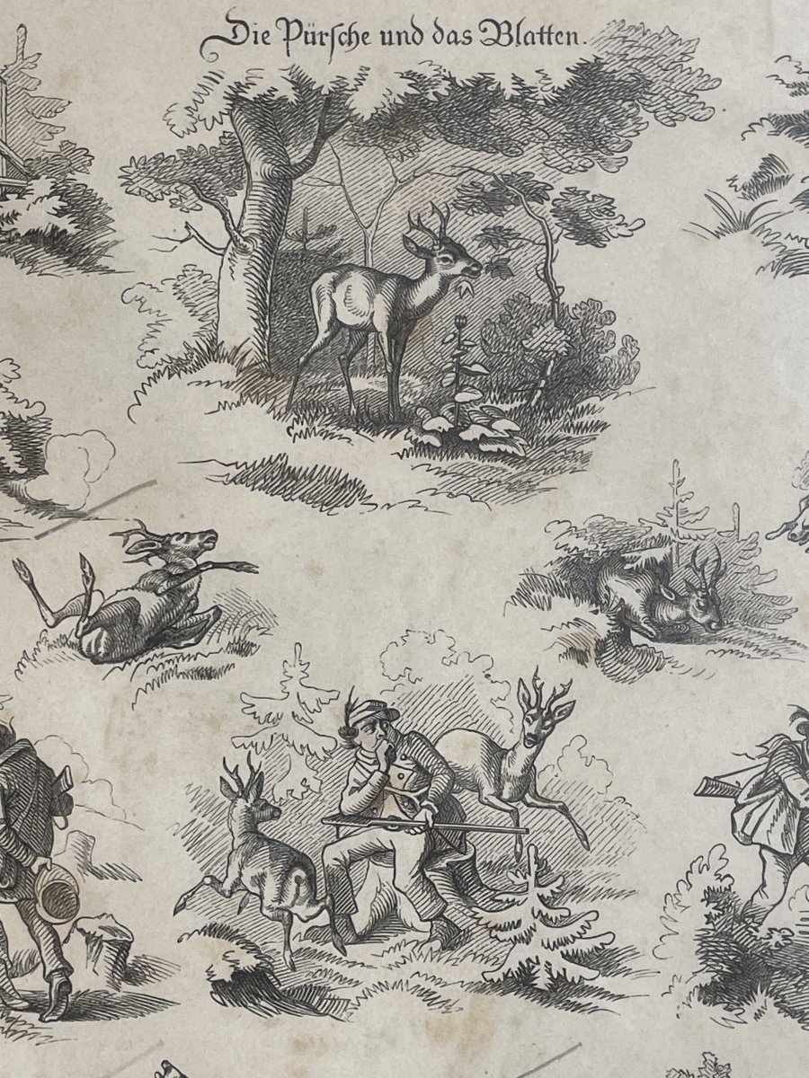 Chasse au chevreuil I, gravure sur bois signée de Max Haider, Allemagne, vers 1860.-photo-4