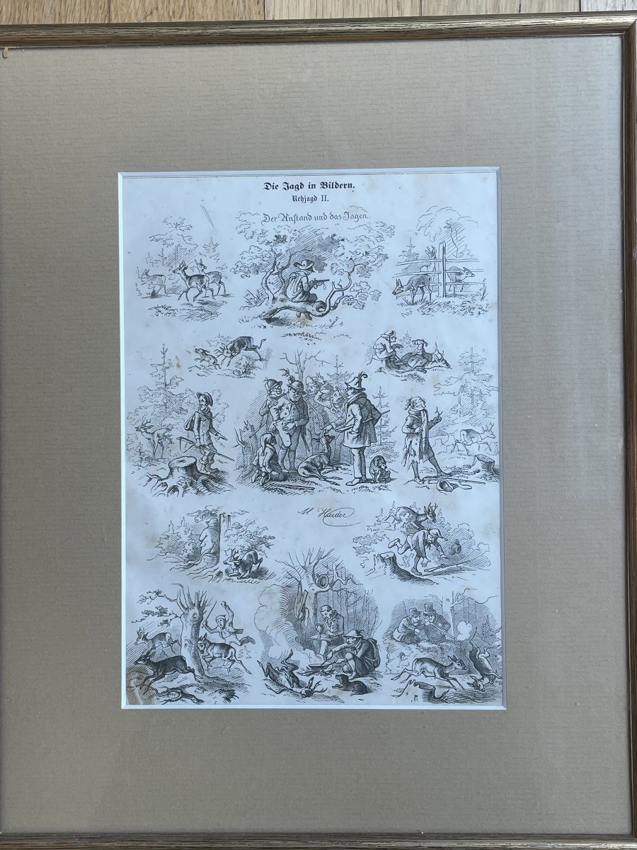 Chasse au chevreuil I, gravure sur bois signée de Max Haider, Allemagne, vers 1860.