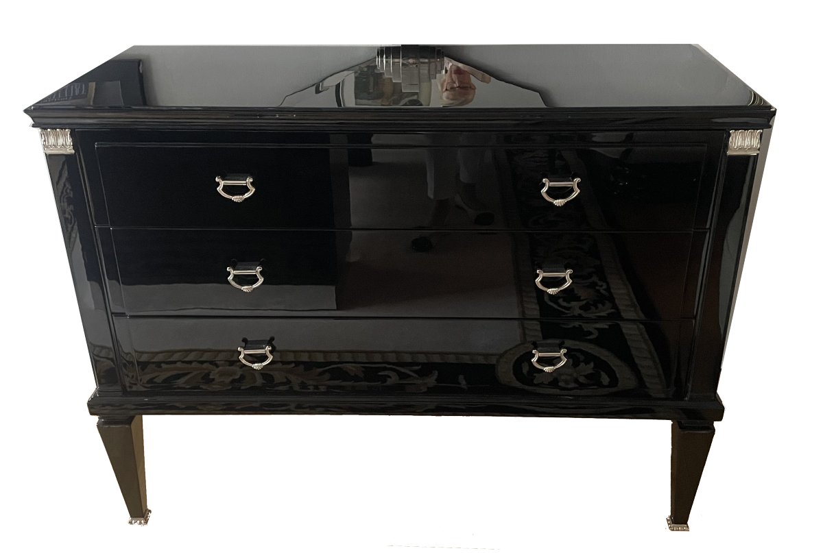 Grande et très élégante commode Art Déco en laque noire, signée De Coene (Belgique), vers 1940.-photo-5