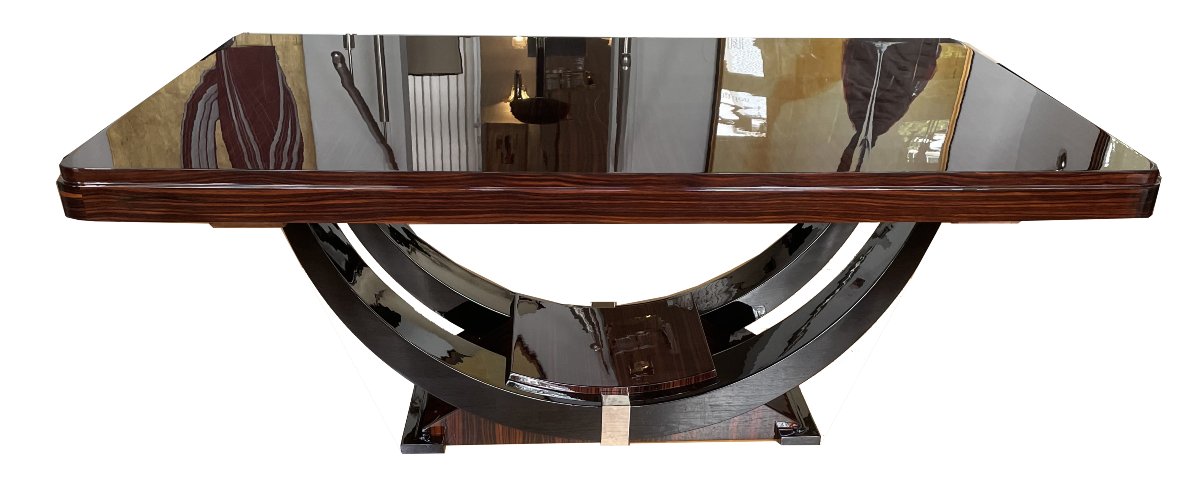 OriginalTable à manger Art déco française en macassar avec pied en forme de gondole sculptural 