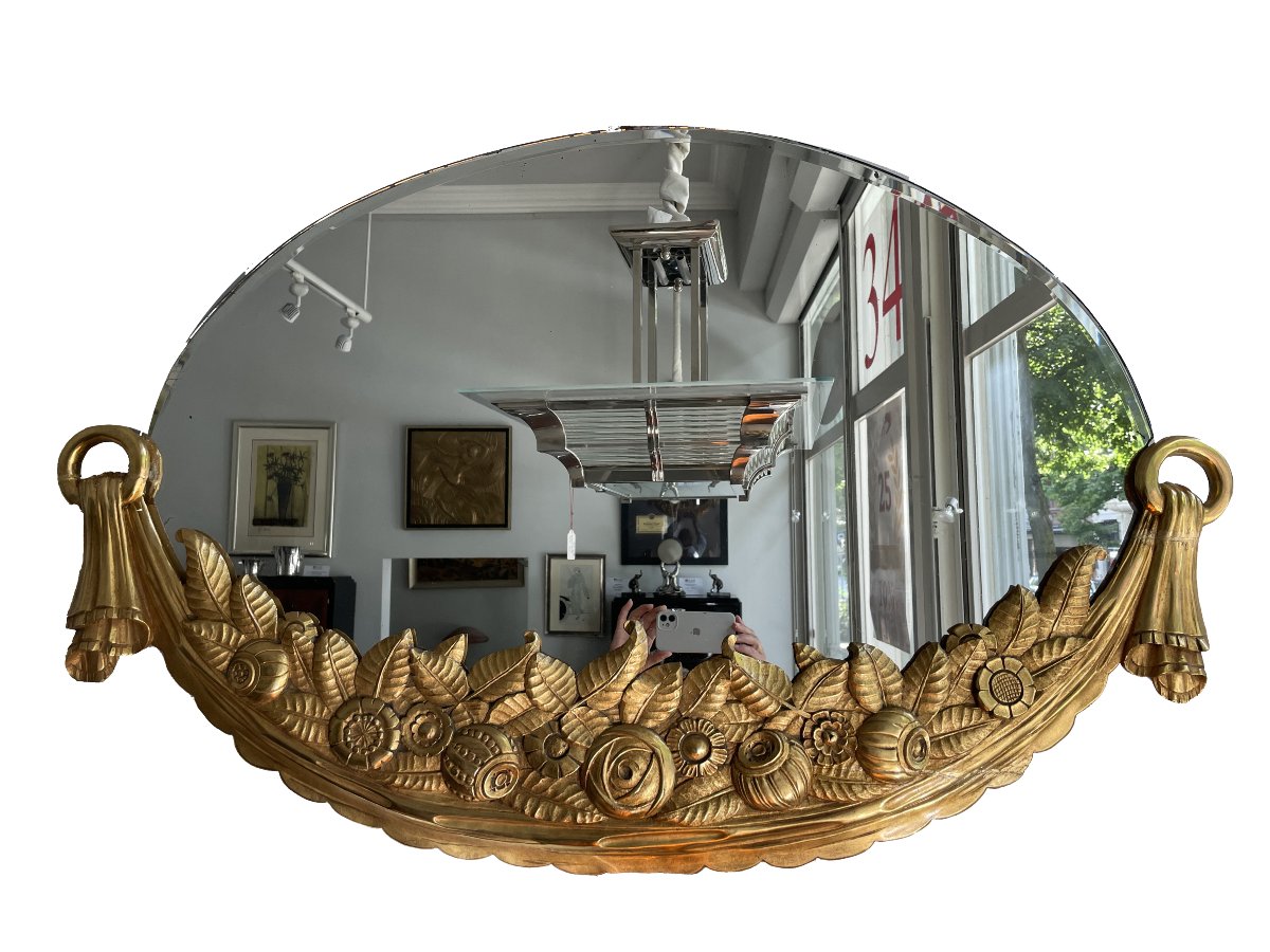 Art Deco Mirror Rare Oval Art Deco Mirror, France, Circa 1925.  Beautifully Carved And Gilded -photo-2