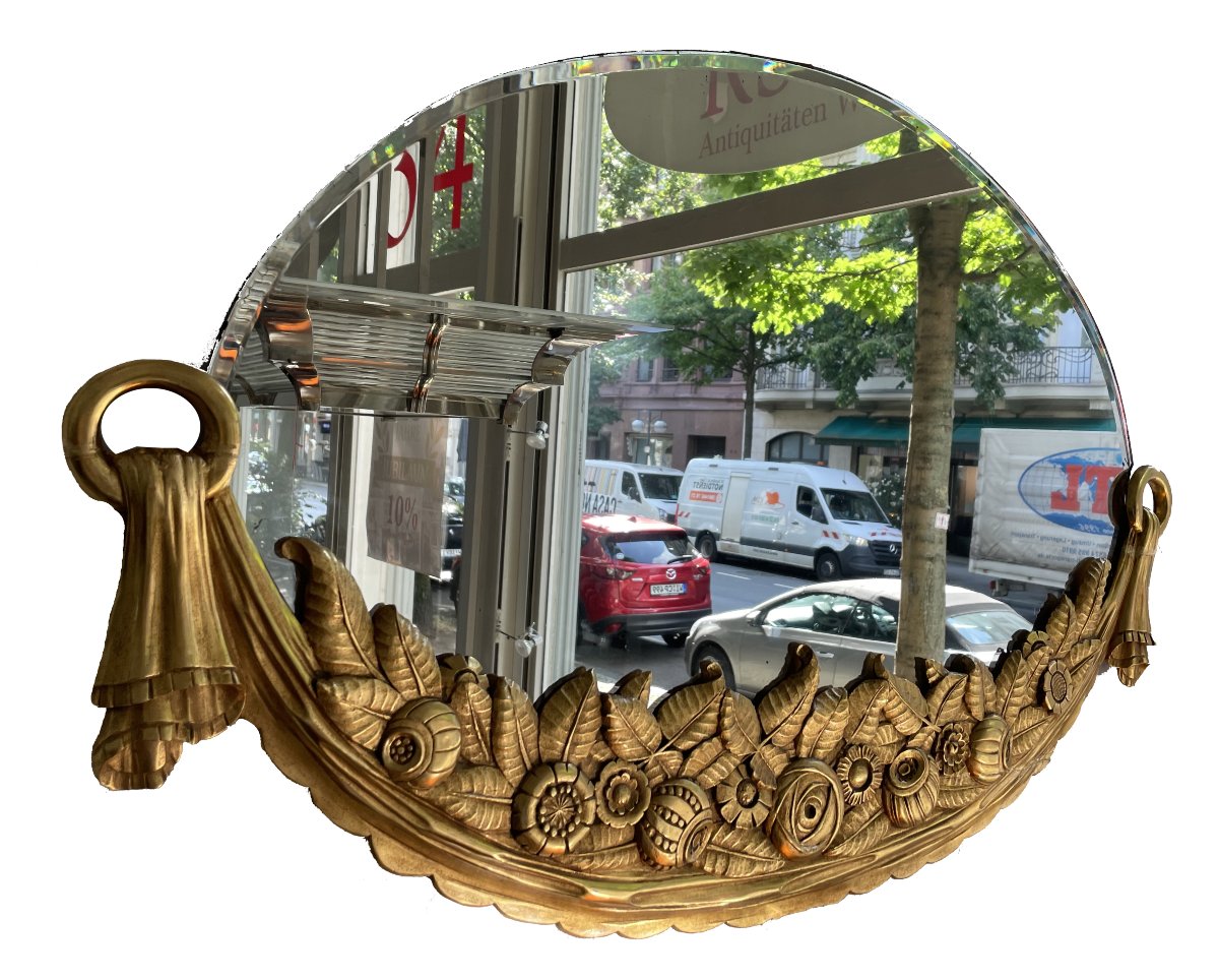 Art Deco Mirror Rare Oval Art Deco Mirror, France, Circa 1925.  Beautifully Carved And Gilded -photo-3