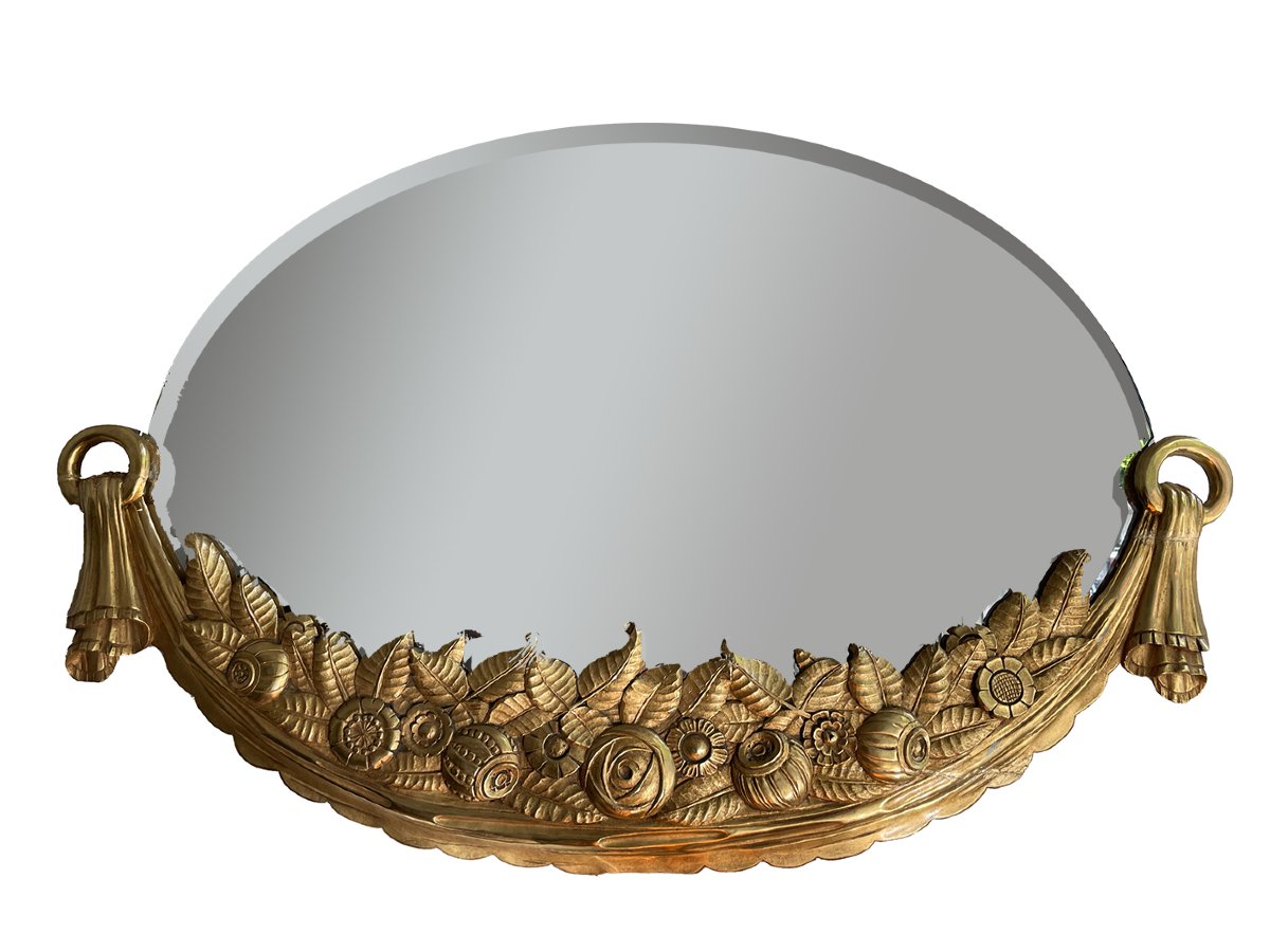 Art Deco Mirror Rare Oval Art Deco Mirror, France, Circa 1925.  Beautifully Carved And Gilded -photo-7