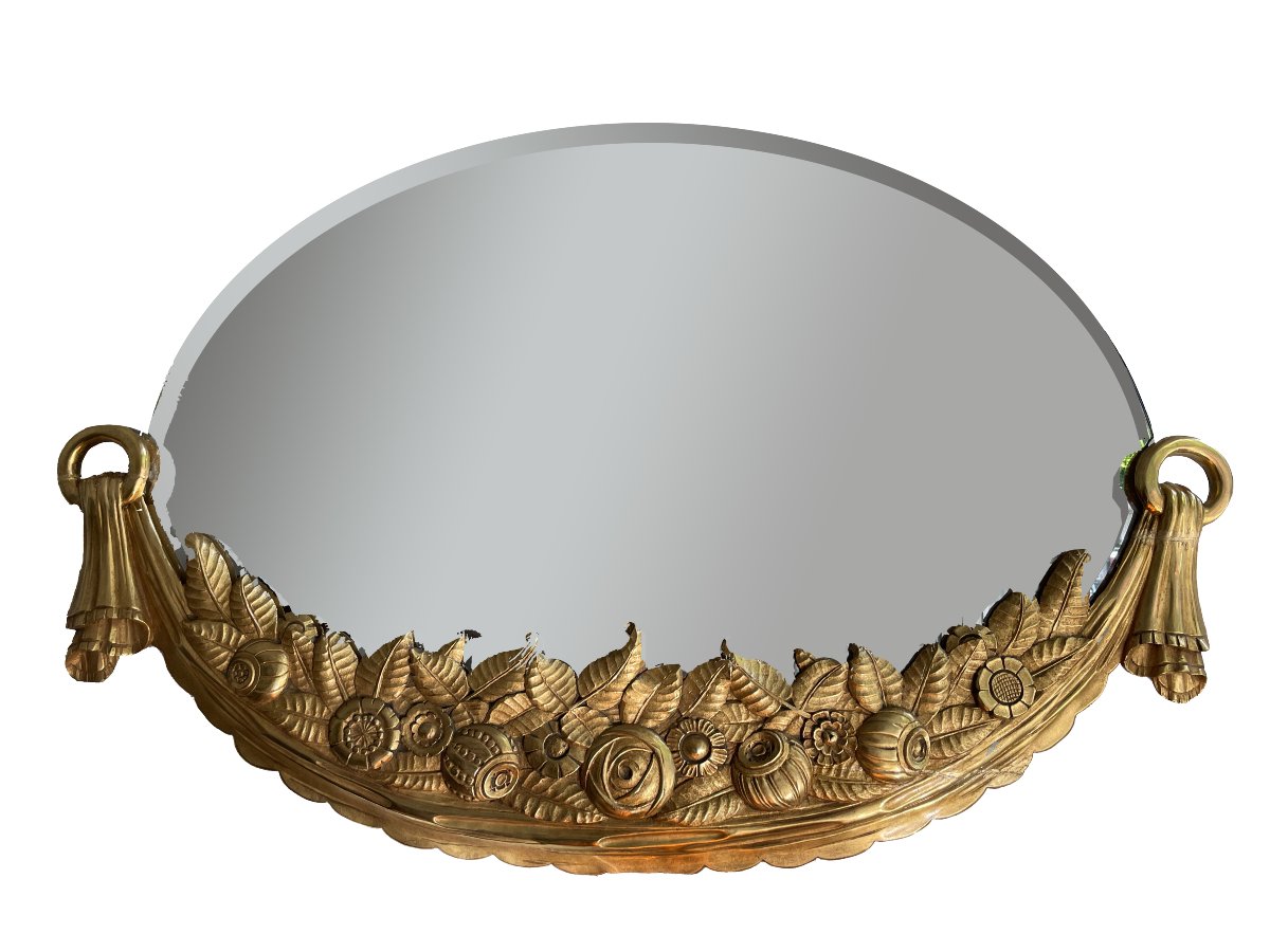 Art Deco Mirror Rare Oval Art Deco Mirror, France, Circa 1925.  Beautifully Carved And Gilded 