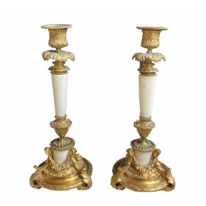 Empire France Candlesticks Circa 1830. Fire-gilt Bronze And Marble.