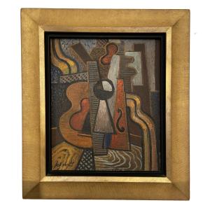 Nature morte cubiste au violon. Artiste : Gilberte Schmitt, née en 1907 - décédée en 2001.Huile