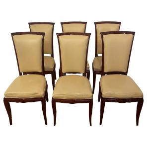 Set Of 8 Identical Art Deco Chairs, 1930, Rio Rosewood, 2 Black Leather, 6 Beige