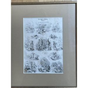 Chasse au chevreuil I, gravure sur bois signée de Max Haider, Allemagne, vers 1860.